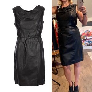 Armani Collezioni Black Lamb Leather Belted Moto Elegant Sheath Dress 10